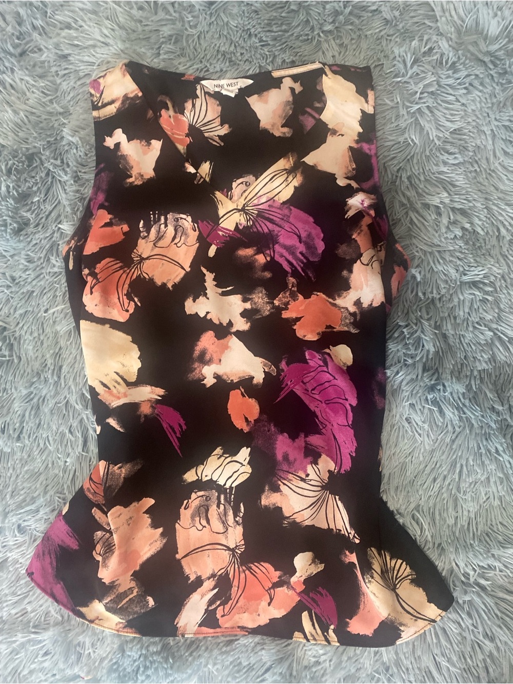 Nine West Black Floral Print Blouse with Pink and Cream Accents